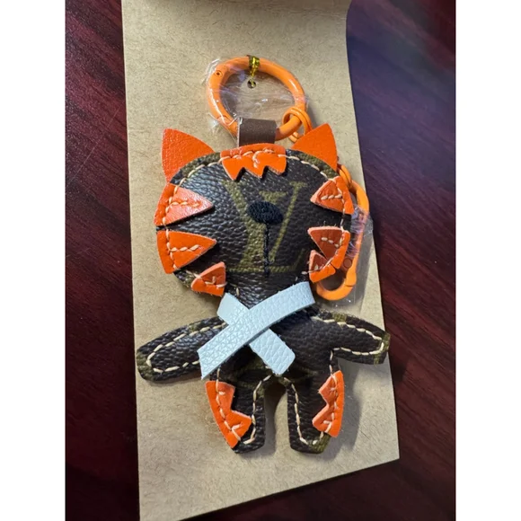 Upcycled Designer Canvas Kitty Keychain Bag Charm Orange Leather One of a Kind - Picture 2 of 6